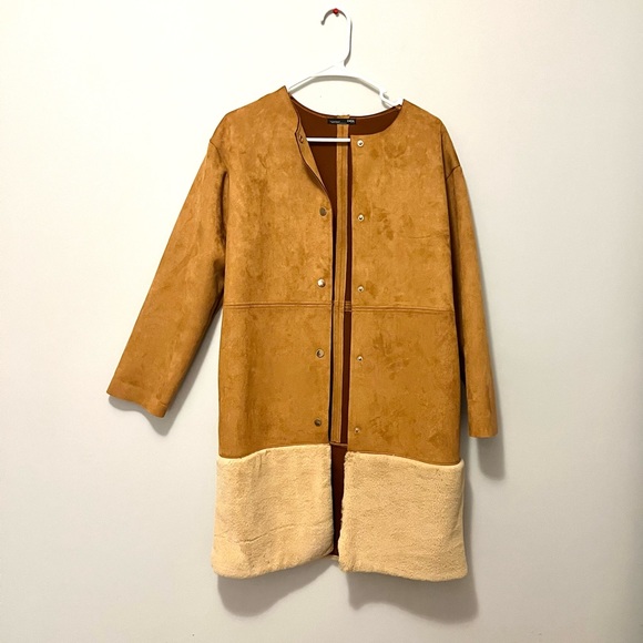 Zara brown suede & faux fur snap up button coat - Picture 5 of 16